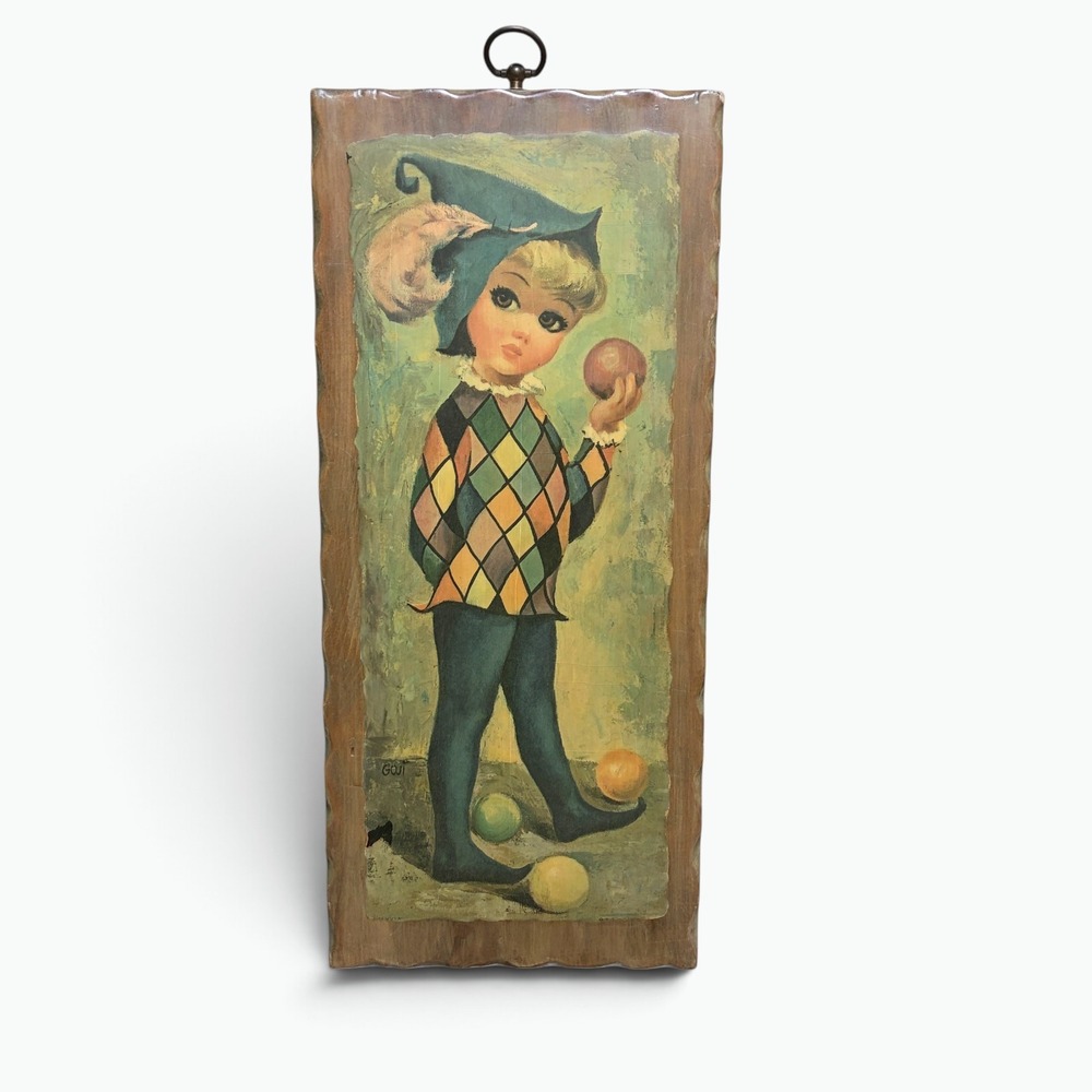 Vintage Goji Harlequin Boy Wood Plaque Big Eye Art Mid Century Kitsch Decor 15x6